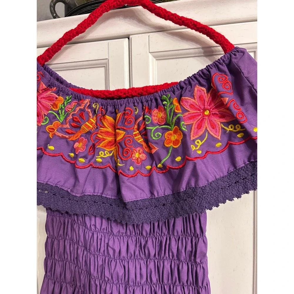 Purple Mexican Peasant Dress Embroidered Floral Smocked Off Shoulder Midi 12